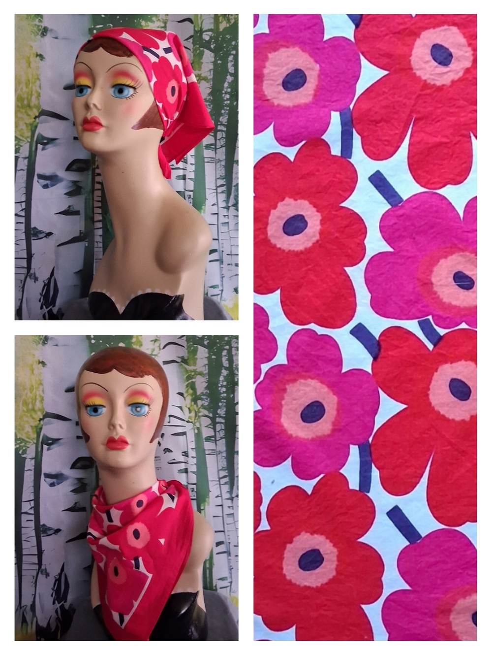 Marimekko "Unikko" Red and Pink Floral Cotton Bandana Scarf - Picture 5 of 6